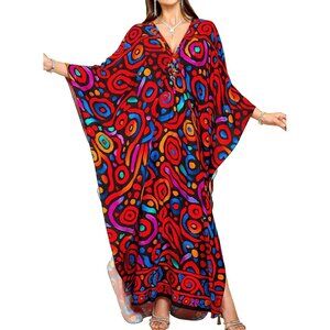 Women's Red Floral V-Neck Batwing Sleeves Summer Beach Cover Up Kaftan Dress
